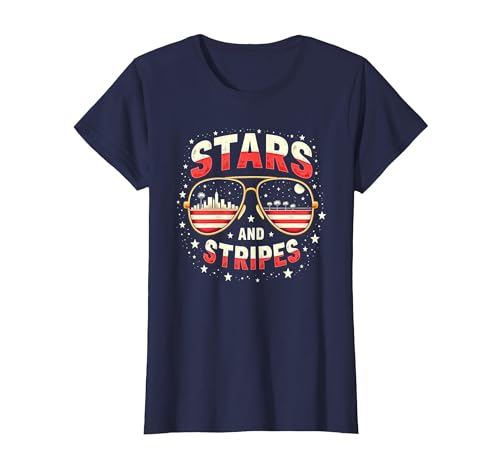 Sterne, Streifen und Sonnenbrillen T-Shirt, Damen, Marineblau, XL von Generic