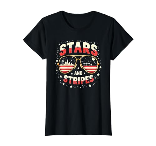 Sterne, Streifen und Sonnenbrillen T-Shirt, Damen, Schwarz, 3XL von Generic