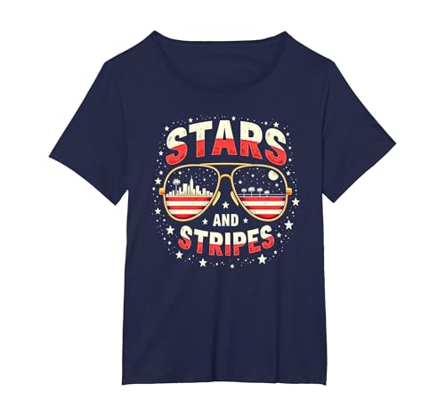 Sterne, Streifen und Sonnenbrillen T-Shirt, Damen Große Größen, Marineblau, 6X von Generic