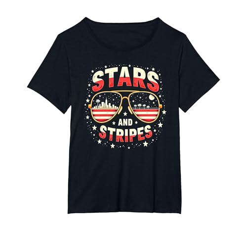 Sterne, Streifen und Sonnenbrillen T-Shirt, Damen Große Größen, Schwarz, 6X Sterne, Streifen und Sonnenbrillen T-Shirt, Damen Große Größen, Schwarz, 6X von Generic