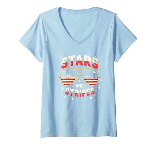 Sterne, Streifen und Sonnenbrillen T-Shirt mit V-Ausschnitt, Damen, Himmelblau, M Sterne, Streifen und Sonnenbrillen T-Shirt mit V-Ausschnitt, Damen, Himmelblau, M von Generic