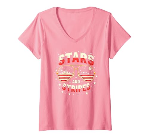 Sterne, Streifen und Sonnenbrillen T-Shirt mit V-Ausschnitt, Damen, Rosa, S von Generic