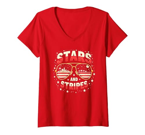 Sterne, Streifen und Sonnenbrillen T-Shirt mit V-Ausschnitt, Damen, Rot, XXL von Generic
