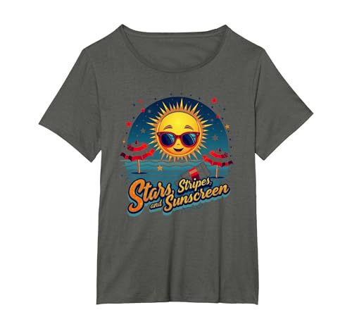 Sterne, Streifen und Sonnenschutz T-Shirt, Damen Große Größen, Anthrazit, 3X von Generic
