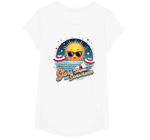 Sterne, Streifen und Sonnenschutz T-Shirt, Girls, Weiß, XS von Generic