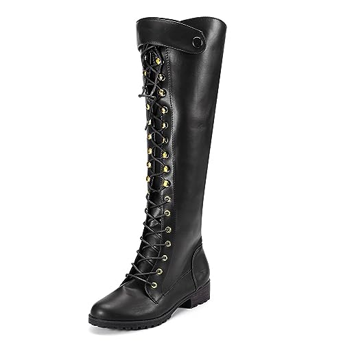 Stiefel Damen, Damen Leder Bandage Langschaft Stiefel Plateau Schuhe Cool Schwarz Kniehohe Damenstiefel Stiefel Damen Flach Rutschfeste Laufsohle Stylisch & Praktisch Winterstiefel Damen von Generic