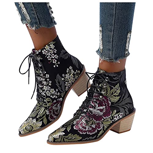 Stiefel Damen, Stiefeletten mit Absatz Blockabsatz Schnürstiefel Blumen Kurzschaft Cowboystiefel Winterstiefel Elegant Ankle Boots Winter Kurz Stiefel Winterschuhe Damenstiefel von Generic