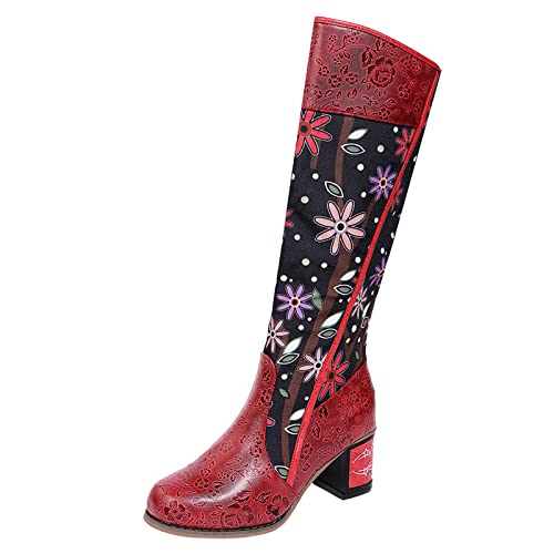 Stiefel Damen,Winterstiefel Damen mit Absatz Niederung Langschaft Hohe Stiefel Blumen Bestickt Kniehoch Boots Leder Elegant Lang Cowboystiefel Casual Retro Damenstiefel Winterschuhe von Generic