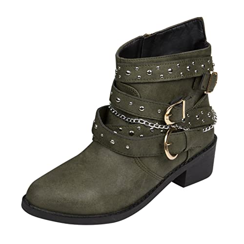 Stiefel Damen Boots Damen in Keilabsatz Modische Halbstiefel Spitze Zehenkappe Freizeit Westernstiefel mit Gürtelschnalle Dicker Boden Mittelhoher Absatz Boots Damen (Green, 42) von Generic