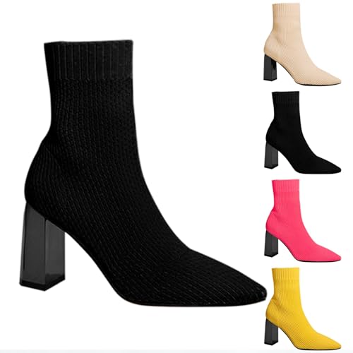 Stiefel Damen Mit Absatz Elegant Strick - Schlupfstiefel Blockabsatz Sockenstiefel Spitzzehe Ankle Boots Kurzschaft Winterstiefel Slip-On Pumps Elegant Damenstiefel Festlich High Heels von Generic