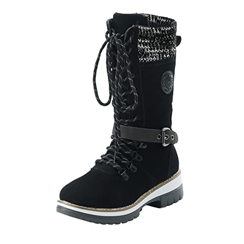 Stiefel Damen Schwarz Leder Winterstiefel Winter-Thermo-Outdoor für Damen, mittelwarme Wadenstiefel, strapazierfähige Schneestiefel, Stiefel, Stiefel Schneestiefel Westernstiefel Stiefeletten Schuhe von Generic