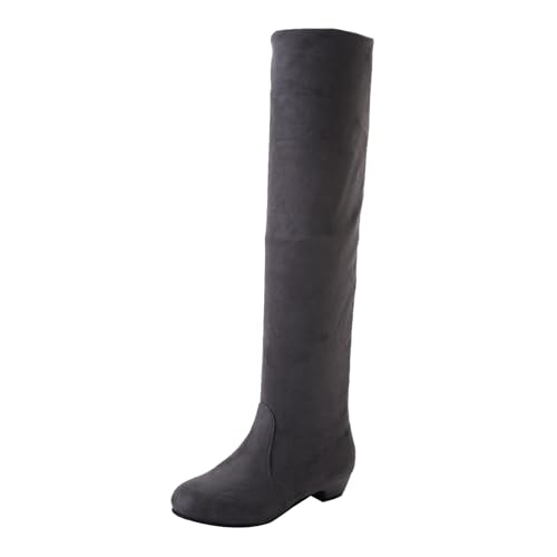 Stiefel Flache Overknee and Winter Fashion Solid Color Simple Comfortable Thick Bottom Back Zipper Round Toe Square Heel 𝐒tiefeletten Damen Schwarz Lack (Grey, 43) von Generic