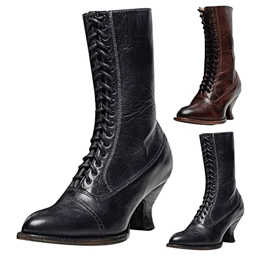 Stiefeletten Damen, Viktorianische Vintage Gothic Schnürung Lederstiefel Spitz Klassische Halbschaft Stiefel Mittelalterliche Retro Knöchelstiefel Damen Ankle Boots Hochzeit Oktoberfest von Generic