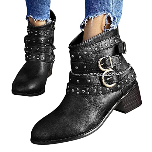 Stiefeletten Damen, Winterstiefel Damen mit Absatz Nieten Ketten Blockabsatz Cowboystiefel Elegant Winterstiefel Kurzschaft Ankle Boots Winter Kurz Stiefel Stiefeletten Damenstiefel von Generic