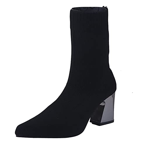 Stiefeletten Damen Blockabsatz - Ankle Boots Damen Sockenstiefel Hoch Schlupfstiefel Halblang Winterstiefel Spitzer Zehenpartie High Heels Strick Kurzschaft-Stiefel Elegant Damenstiefel von Generic