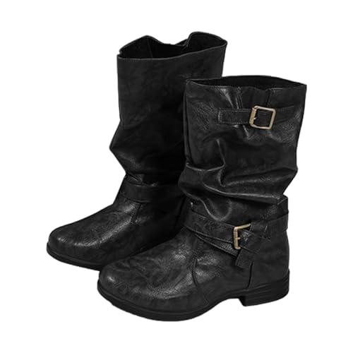 Stiefeletten Damen Halbhoch Leder Stiefeletten Schwarz Cowboy Boots Outdoor Winterstiefel Breit Westernstiefel Leder Herbst Boots Cowboystiefel Mit Absatz von Generic
