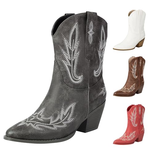 Stiefeletten Damen Leder Absatz - Cowboy Boots Damen Weiter Schaft - Ankle Boots Kurzschaft Westernstiefel Vintage Stickerei Pu-Leder Halbhohe Schlupfstiefel rutschfest Reitstiefel von Generic