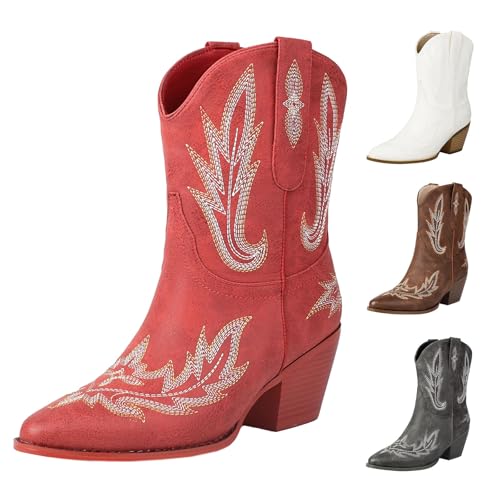 Stiefeletten Damen Leder Absatz - Cowboy Boots Damen Weiter Schaft - Ankle Boots Kurzschaft Westernstiefel Vintage Stickerei Pu-Leder Halbhohe Schlupfstiefel rutschfest Reitstiefel von Generic