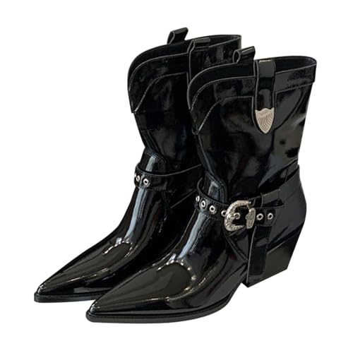 Stiefeletten Damen Leder Cowboy Boots Halbhoch Ankle Boots Halbschuhe Mit Absatz Chelsea Elegant Winterstiefel Braune Stiefeletten Spitz Cowboystiefel Leder von Generic