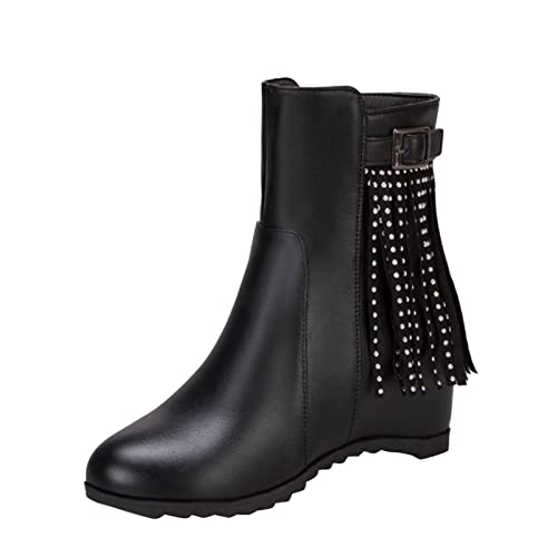 Stiefeletten Damen Leder Elegant - Ankle Boots Mit Schnalle Quasten Keilabsatz-Stiefel Kurzschaft Lederstiefel Rundzehe Halbstiefel High-Top Knöchelschuhe Festlich Abendschuhe von Generic