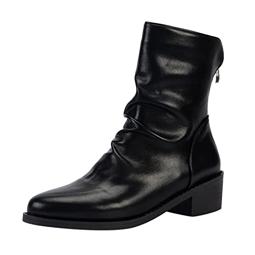 Stiefeletten Damen Leder Stiefeletten Winterstiefel mit Reissverschluss Klobige Stiefelette Freizeit Stiefel Mode Elegant Halbstiefel Spitz Schlupfschuhe Niederung Stiefel Schwarz 40 TOPEREUR von Generic