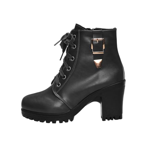 Stiefeletten Damen Mit Absatz Aus Kunstleder Zum Schnüren - Ankle Boots Kurzschaft Springerstiefel Blockabsatz Lederstiefel Plateau Gothic Boots Rockig Biker Boots Vintage Knöchelschuhe von Generic