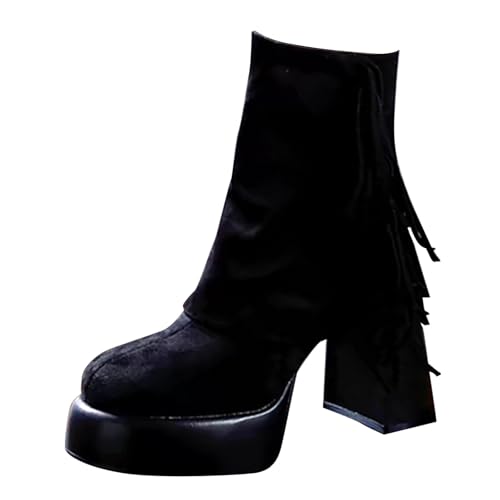 Stiefeletten Damen Mit Absatz Elegant - High Heels Stiefeletten Blockabsatz - Ankle Boots Mit Fransen Gothic Punk Plateau Stiefel Kurzschaft Wildlederstiefel Elegant Damenstiefel Für Party von Generic