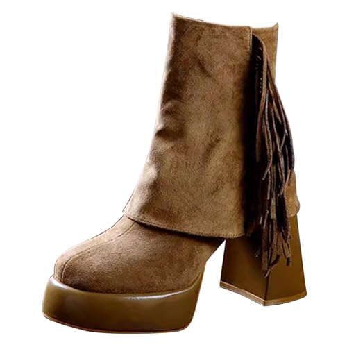 Stiefeletten Damen Mit Absatz Elegant - High Heels Stiefeletten Blockabsatz - Ankle Boots Mit Fransen Gothic Punk Plateau Stiefel Kurzschaft Wildlederstiefel Elegant Damenstiefel Für Party von Generic