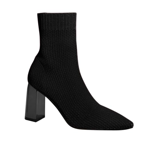Stiefeletten Damen Mit Absatz Elegante - Schlupfstiefel Mit Pfennigasbatz Gummi Ankle Boots Strick Damenstiefel Kurzschaft-Stiefel Spitz Halbstiefel Blockabsatz High Heels Stiefel von Generic