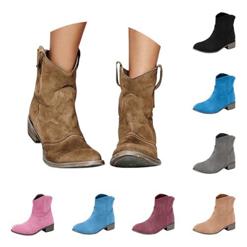 Stiefeletten Damen Mit Absatz Herbst Cowboystiefel Elegant Chelsea Boots Wildleder Stiefel Weiter Schaft Ankle Boots Braune Spitz Beige Winterstiefel Cowboy Stiefeletten von Generic
