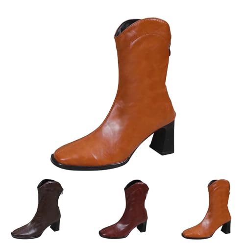 Stiefeletten Damen Mit Absatz Leder - Lederstiefel Damen Halbhoch Schlupfstiefel Spitz High Heels Blockabsatz Halbstiefel Pu Leder Chelsea Boots Festlich Elegante Abendschuhe von Generic