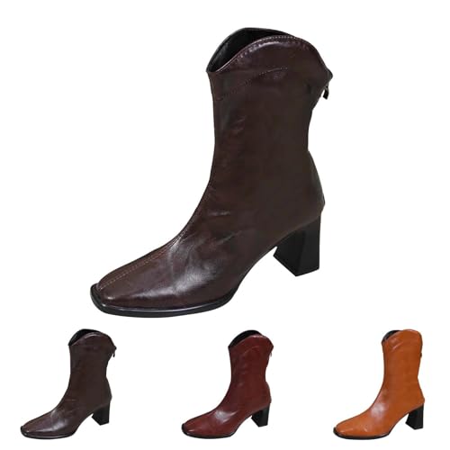 Stiefeletten Damen Mit Absatz Leder - Lederstiefel Damen Halbhoch Schlupfstiefel Spitz High Heels Blockabsatz Halbstiefel Pu Leder Chelsea Boots Festlich Elegante Abendschuhe von Generic