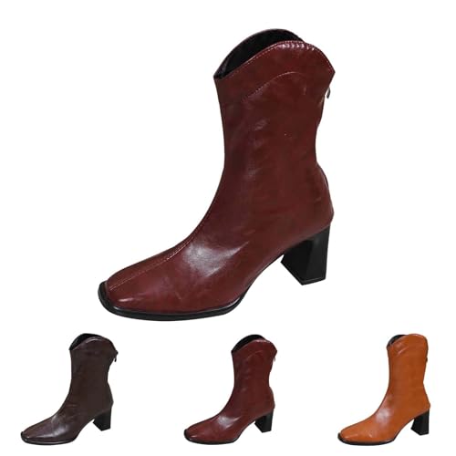 Stiefeletten Damen Mit Absatz Leder - Lederstiefel Damen Halbhoch Schlupfstiefel Spitz High Heels Blockabsatz Halbstiefel Pu Leder Chelsea Boots Festlich Elegante Abendschuhe von Generic