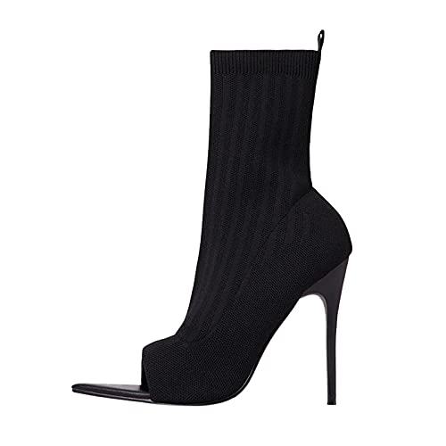 Stiefeletten Damen Mit Absatz Sommer - High Heels Damen Sandalen Peep Top Ankle Boots Pfennigasbatz Strick Stiefel Elegant Schlupfstiefel Kurzschaft Damenstiefel Slip-On Halbstiefel von Generic