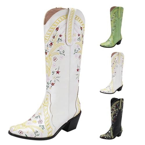 Stiefeletten Damen Mit Absatz Spitz - Cowboystiefel Damen Hoch - Westernstiefel Mit Trichterabsatz Stickerei Reitstiefel Halbhohe Pu-Leder Stiefel Halbstiefel Übergroße Winterstiefel von Generic