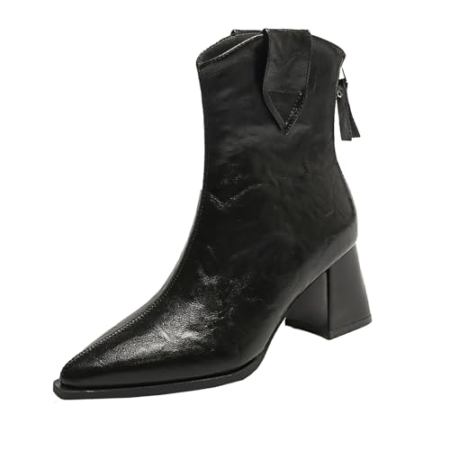Stiefeletten Damen Mit Absatz Spitz Elegante - Ankle Boots Blockabsatz Schlupfstiefel Kurzschaft Lederstiefel Lack-Leder Damenstiefel High Heels Stiefeletten Business Knöchelschuhe von Generic