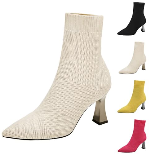 Stiefeletten Damen Mit Absatz Spitz - Schlupfstiefel Trichterabsatz Kurzschaft-Stiefel Strick Ankle Boots Elegant Bequem Damenstiefel Slip-On Sockenstiefel High Heels Festlich Abendschuhe von Generic