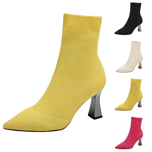 Stiefeletten Damen Mit Absatz Spitz - Schlupfstiefel Trichterabsatz Kurzschaft-Stiefel Strick Ankle Boots Elegant Bequem Damenstiefel Slip-On Sockenstiefel High Heels Festlich Abendschuhe von Generic