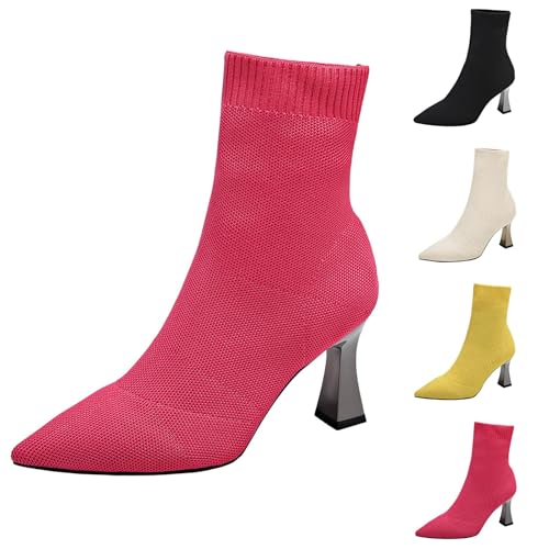 Stiefeletten Damen Mit Absatz Spitz - Schlupfstiefel Trichterabsatz Kurzschaft-Stiefel Strick Ankle Boots Elegant Bequem Damenstiefel Slip-On Sockenstiefel High Heels Festlich Abendschuhe von Generic