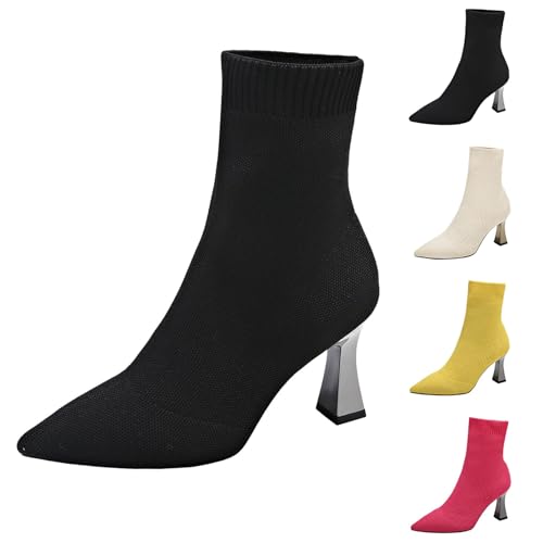 Stiefeletten Damen Mit Absatz Spitz - Schlupfstiefel Trichterabsatz Kurzschaft-Stiefel Strick Ankle Boots Elegant Bequem Damenstiefel Slip-On Sockenstiefel High Heels Festlich Abendschuhe von Generic