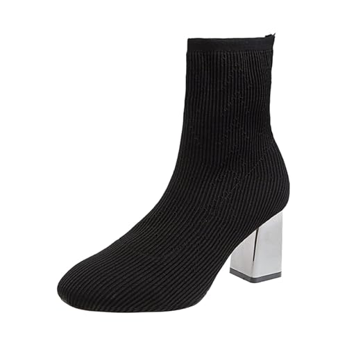 Stiefeletten Damen Mit Absatz Weit - Sockenstiefel Knit Ankle Boots Pendler High Heels Blockabsatz Schlupfstiefel Quadratischer Zehenbereich Winterstiefel Kurzschaft-Boots Winterstiefel von Generic