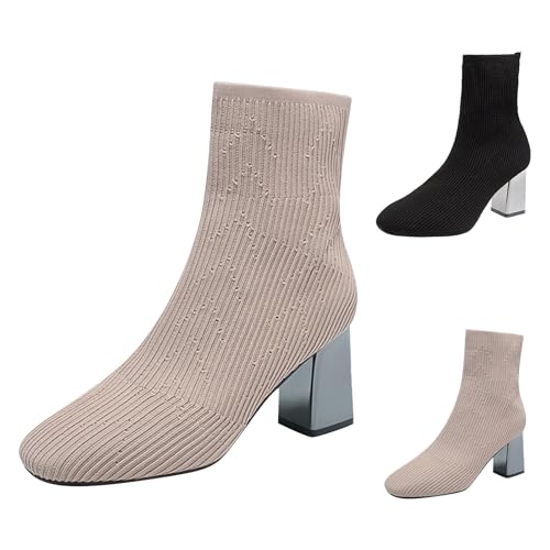Stiefeletten Damen Mit Absatz Weit - Sockenstiefel Knit Ankle Boots Pendler High Heels Blockabsatz Schlupfstiefel Quadratischer Zehenbereich Winterstiefel Kurzschaft-Boots Winterstiefel von Generic