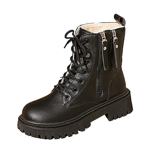 Stiefeletten Damen Mit Absatz Zum Schnüren Vegan - Plateau-Stiefel Mit Reißverschluss Flach Rutschfeste Laufsohle Springerstiefel Biker Ankle Boots Kunstleder Kurzschaft-Stiefel-Boots von Generic
