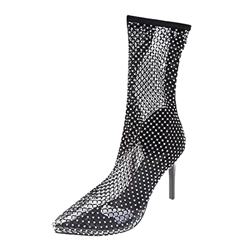 Stiefeletten Damen Mittlere dünne Absätze Farbe Strass Schuhe Solide Stiefel Hohe Frauen Spitzschuh Damenstiefel (A-Black, 37) von Generic