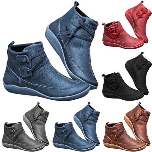 Stiefeletten Damen Wasserdicht Herbst - Ankleboots Orthopädische Lederstiefel rutschfest Winterboots Slip-On Knöchelschuhe Vintage Kurzschaft-Stiefel-Boots Pu-Leder Cowboystiefel von Generic