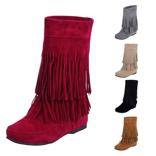 Stiefeletten Damen Wildleder - Cowboystiefel Damen Weiter Schaft Winterstiefel Mit Fransen Halbschaft Schlupfstiefel Rundzehe Halbstiefel rutschfest Sohle Schneestiefel Damenstiefel von Generic