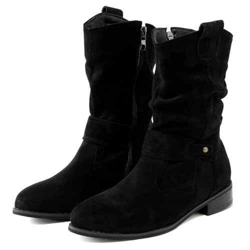 Stiefeletten Damen - Wildleder Cowboystiefel Halbstiefel Schlupfschuhe Niederung Stiefel Kurzstiefel Übergangsstiefel Blockabsatz Ankle Boots Halbhoch Damenstiefel von Generic