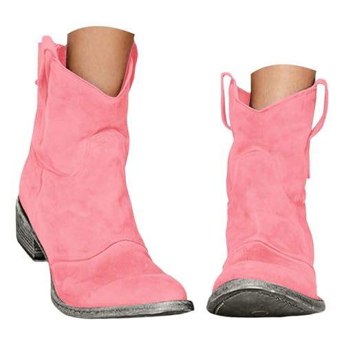 Stiefeletten Damen Winter,Western Wildleder Cowboy Knöchelstiefel Winter Runde Zehe Mode Retro modische Casual Wildleder Solid Color Slip On Back Reißverschluss Mitte Kalb Stiefel von Generic