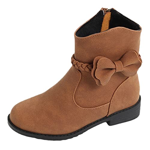 Stiefeletten Mädchen Wasserdicht Lederstiefel Wildlederstiefel mit Schleife Seitlichem Reißverschluss Anti Rutsch Schneestiefel Niedrige Absätze Kinderstiefeletten (Brown, 29.5 Little Child) von Generic