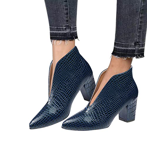 Stiefeletten mit Schlangendruck Spitzschuh Chunky Blockabsatz Bequeme Slip On Winter Elegante Plateau Damenstiefel (Blue, 38) von Generic